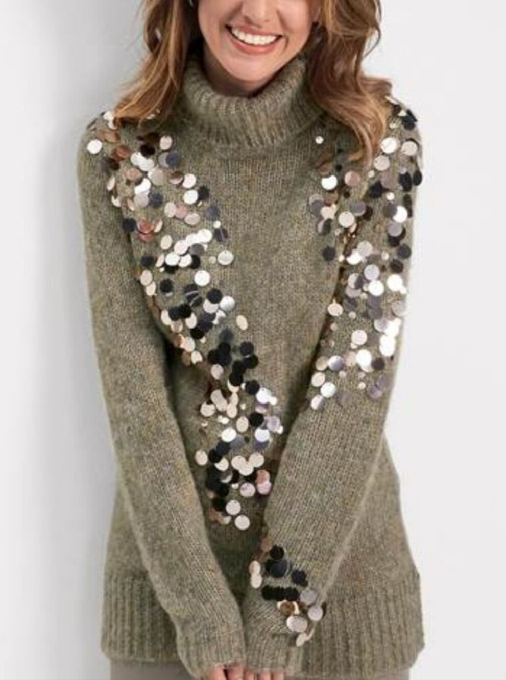 Venus Olive Green Abstract Large Sequin Sweater, XS